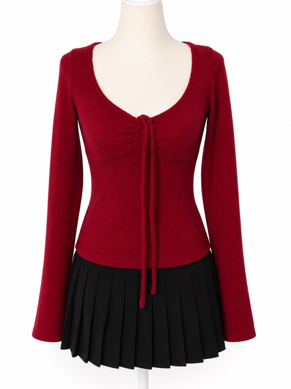 Madden Girl Red Ribbed Tie Front Top Womens Medium Y2K Scoop Neck Long Sleeve